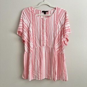 Lane Bryant Pink White Striped Babydoll Blouse Size 12 Button Flowy Short Sleeve